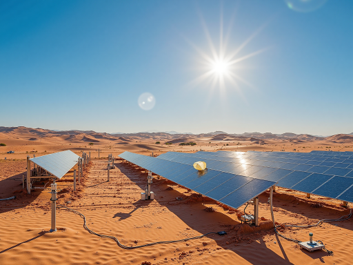 现代化清洁能源工厂全景,太阳能板阵列和风力发电机,蓝天白云背景,体现绿色发展理念